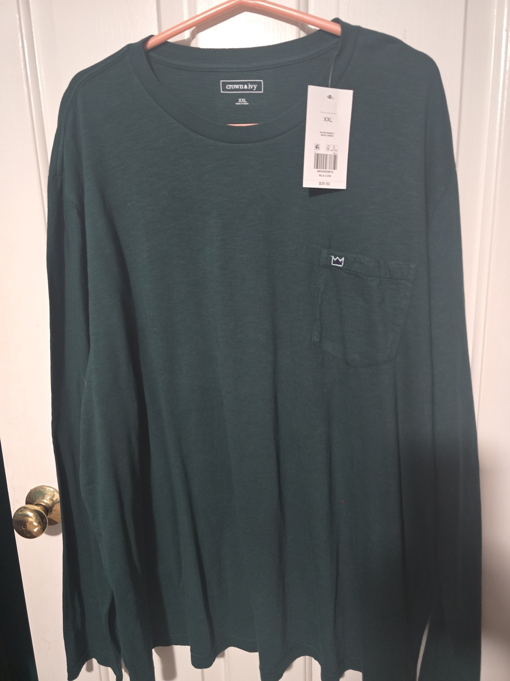 crown & ivy Men's Long-Sleeve Pocket Tee in Teal Green